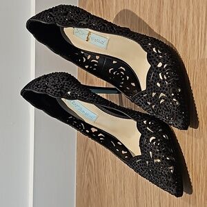 Betsey Johnson Black Stain Embellished Heels, Size 7.5